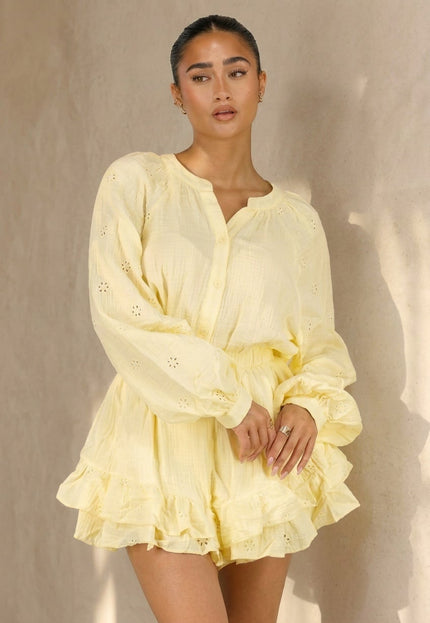 NEW100626 Gele Mousseline Playsuit met Broderie Details