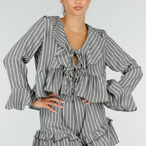NEW100626 Grijze Gestreepte Two Piece Set met Ruches