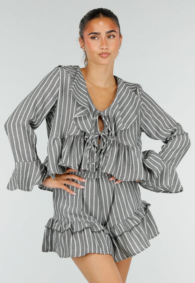 NEW100626 Grijze Gestreepte Two Piece Set met Ruches