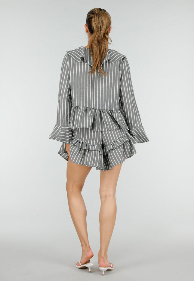 NEW100626 Grijze Gestreepte Two Piece Set met Ruches