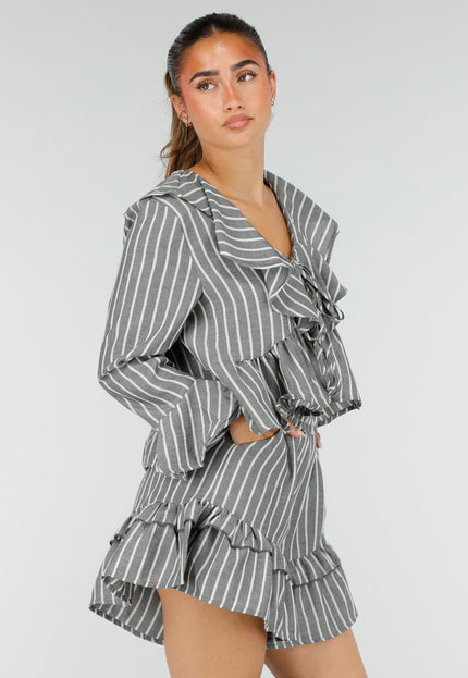 NEW100626 Grijze Gestreepte Two Piece Set met Ruches