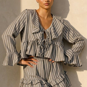 NEW100626 Grijze Gestreepte Two Piece Set met Ruches