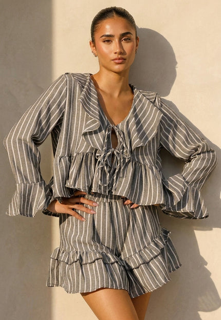 NEW100626 Grijze Gestreepte Two Piece Set met Ruches