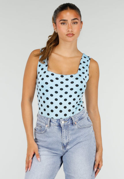 NEW100626 Lichtblauwe Body met Zwarte Polkadots