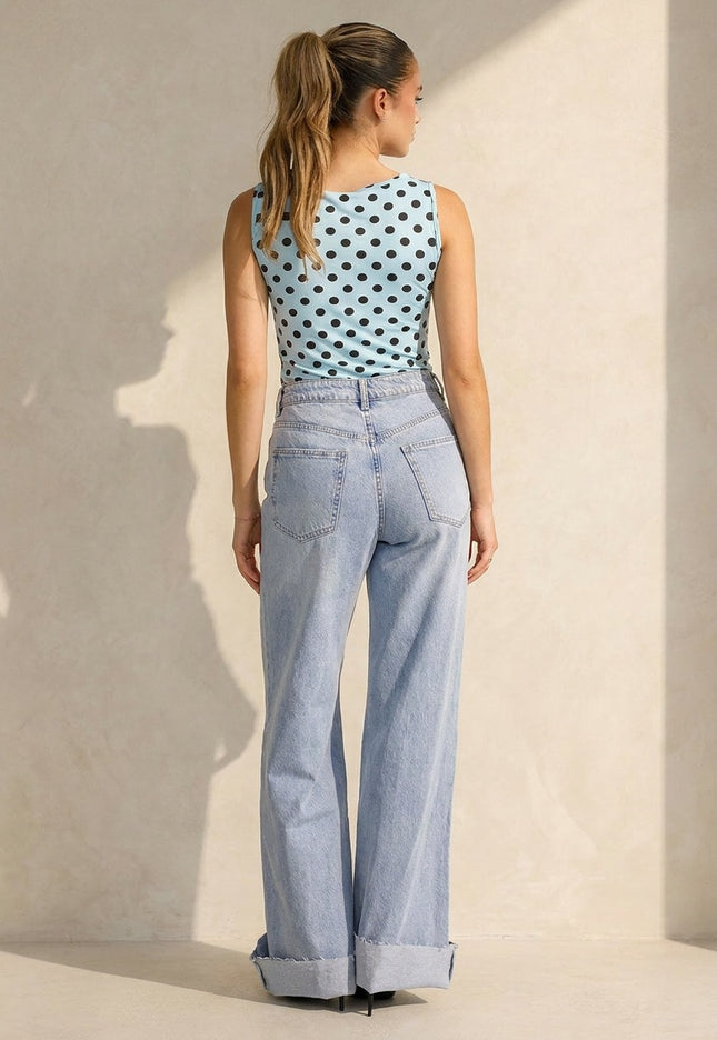 NEW100626 Lichtblauwe Body met Zwarte Polkadots