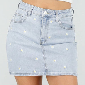 NEW100626 Lichtblauwe Denim Rok met Bloemetjes