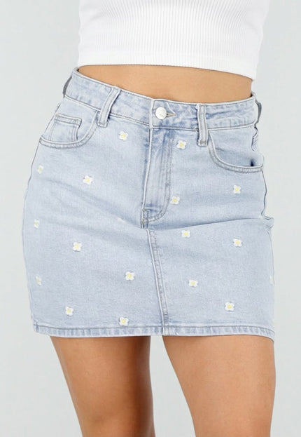 NEW100626 Lichtblauwe Denim Rok met Bloemetjes