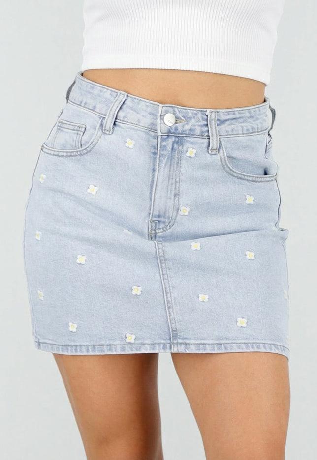 NEW100626 Lichtblauwe Denim Rok met Bloemetjes
