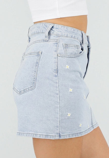 NEW100626 Lichtblauwe Denim Rok met Bloemetjes
