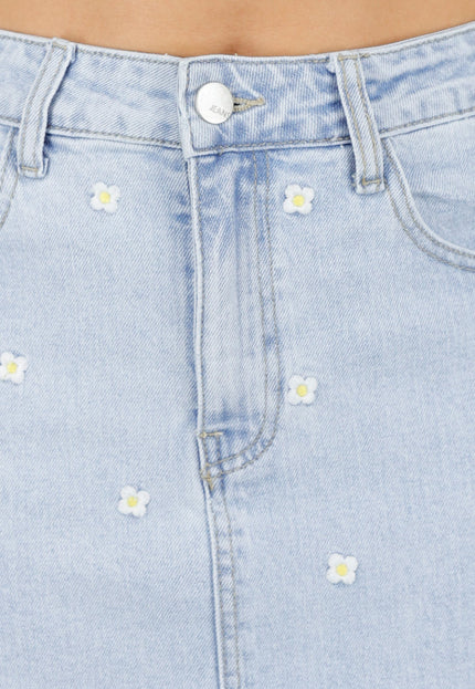 NEW100626 Lichtblauwe Denim Rok met Bloemetjes