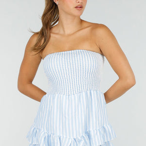 NEW100626 Lichtblauwe Gestreepte Strapless Playsuit