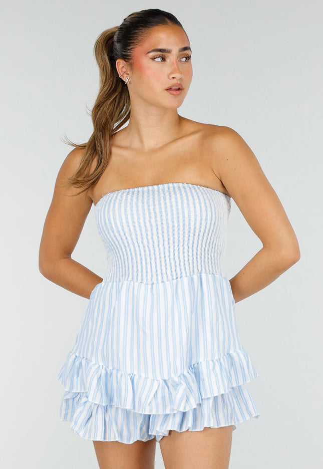 NEW100626 Lichtblauwe Gestreepte Strapless Playsuit