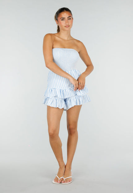 NEW100626 Lichtblauwe Gestreepte Strapless Playsuit