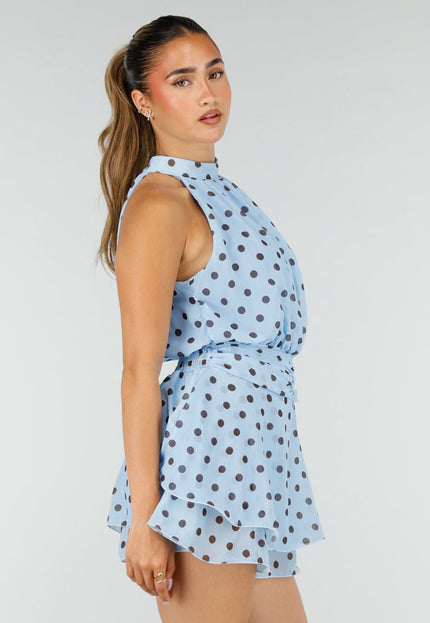 NEW100626 Lichtblauwe Polkadot Playsuit met Halterhals