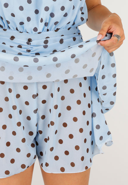 NEW100626 Lichtblauwe Polkadot Playsuit met Halterhals