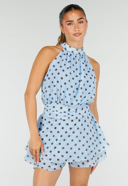NEW100626 Lichtblauwe Polkadot Playsuit met Halterhals