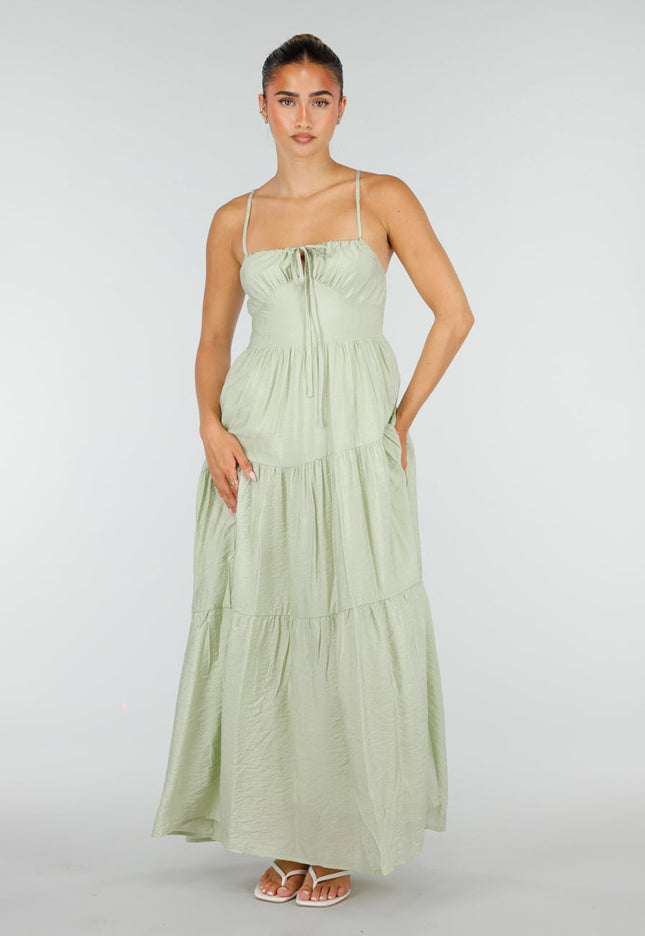 NEW100626 Lichtgroene Maxi Jurk met Spaghettibandjes
