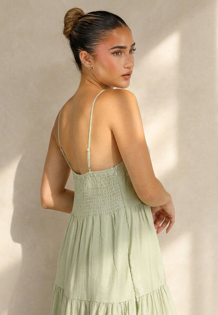 NEW100626 Lichtgroene Maxi Jurk met Spaghettibandjes