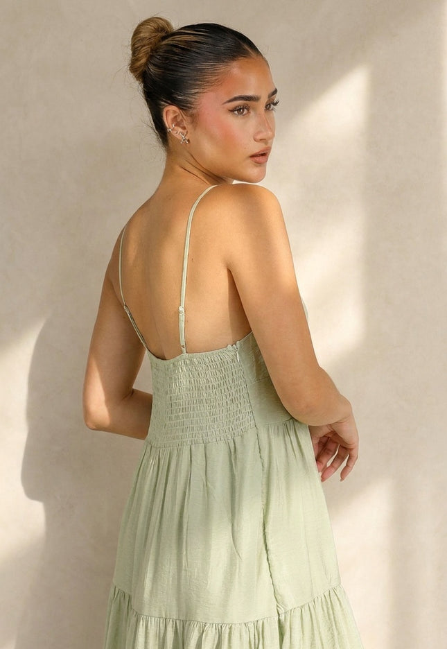 NEW100626 Lichtgroene Maxi Jurk met Spaghettibandjes