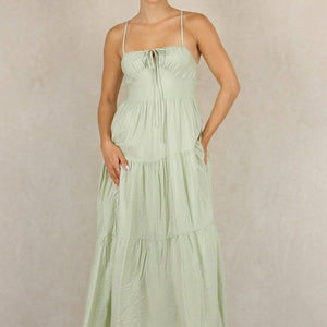 NEW100626 Lichtgroene Maxi Jurk met Spaghettibandjes