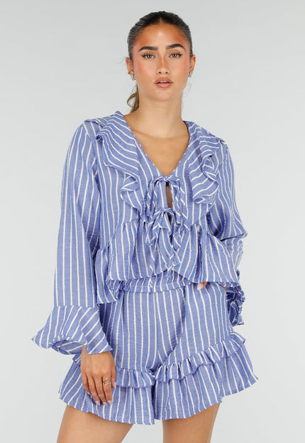 NEW100626 Lila Gestreepte Two Piece Set met Ruches