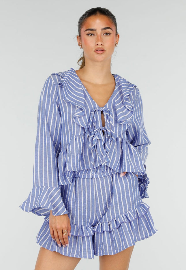 NEW100626 Lila Gestreepte Two Piece Set met Ruches