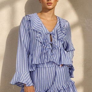 NEW100626 Lila Gestreepte Two Piece Set met Ruches