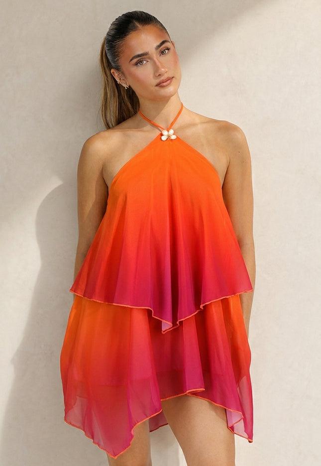 NEW100626 Oranje Roze Halter Jurk