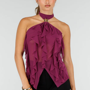 NEW100626 Paarse Mesh Haltertop met Ruffles