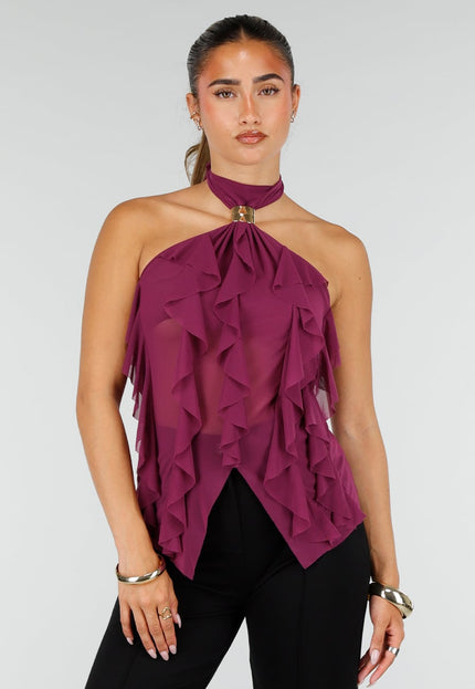 NEW100626 Paarse Mesh Haltertop met Ruffles