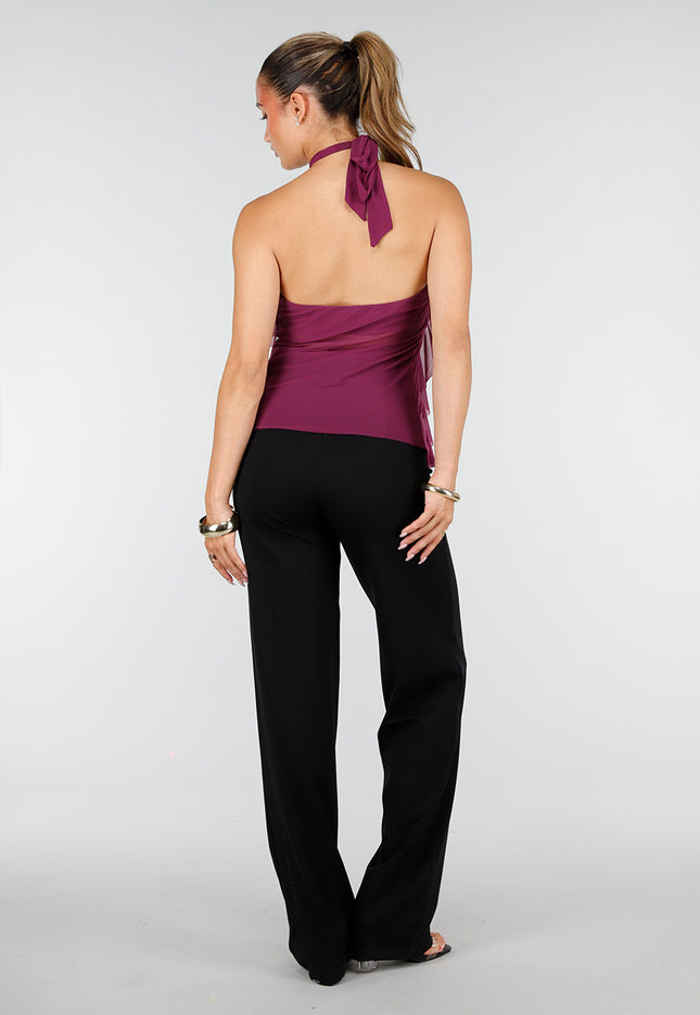 NEW100626 Paarse Mesh Haltertop met Ruffles