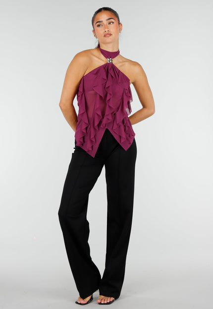 NEW100626 Paarse Mesh Haltertop met Ruffles