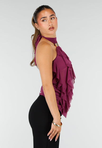 NEW100626 Paarse Mesh Haltertop met Ruffles