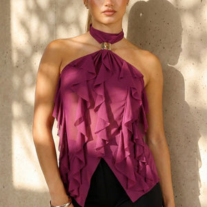 NEW100626 Paarse Mesh Haltertop met Ruffles