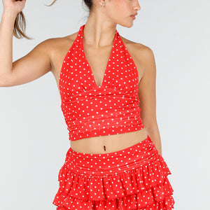 NEW100626 Rode Polkadot Halter Top en Skort Set