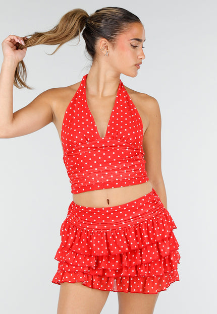 NEW100626 Rode Polkadot Halter Top en Skort Set
