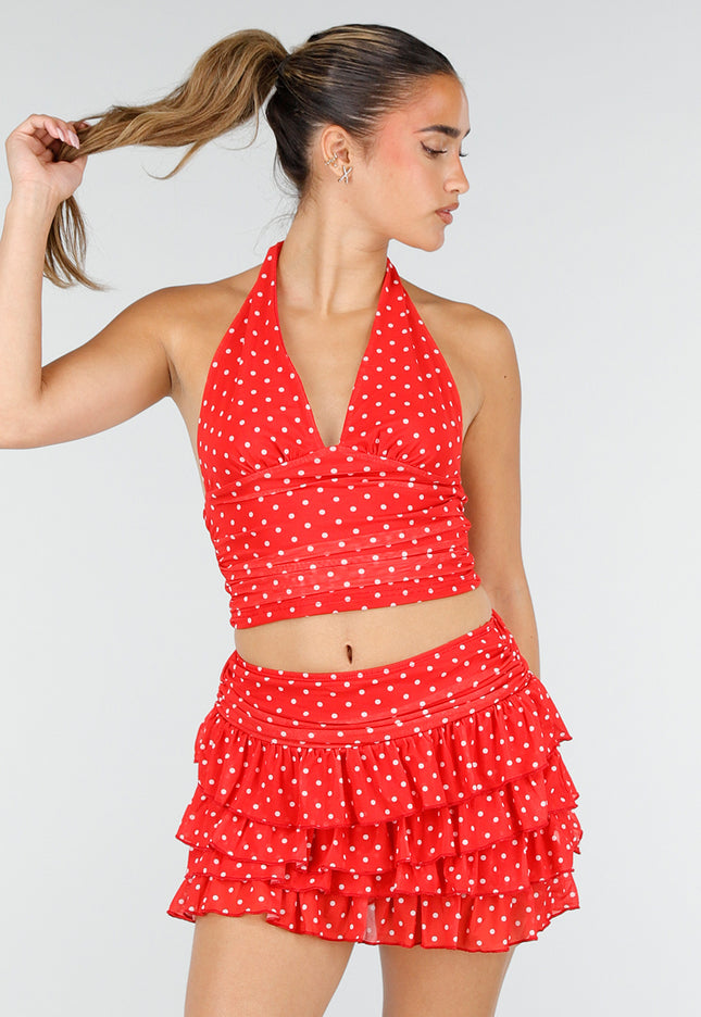 NEW100626 Rode Polkadot Halter Top en Skort Set