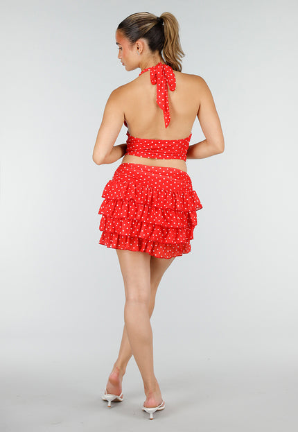NEW100626 Rode Polkadot Halter Top en Skort Set