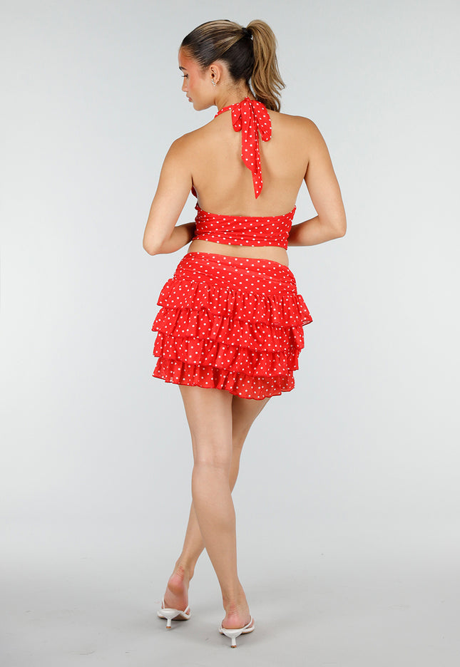 NEW100626 Rode Polkadot Halter Top en Skort Set