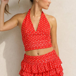 NEW100626 Rode Polkadot Halter Top en Skort Set