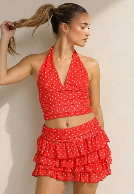 NEW100626 Rode Polkadot Halter Top en Skort Set