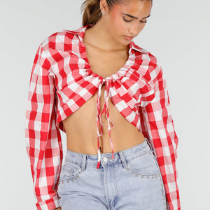 NEW100626 Rood Wit Geruite Cropped Blouse