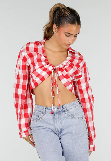 NEW100626 Rood Wit Geruite Cropped Blouse