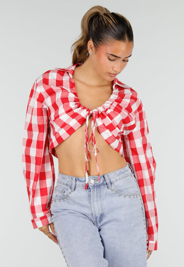 NEW100626 Rood Wit Geruite Cropped Blouse