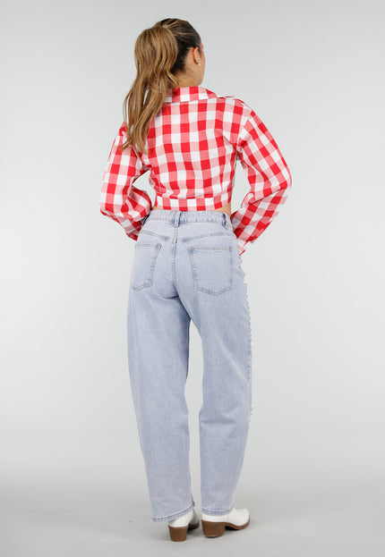 NEW100626 Rood Wit Geruite Cropped Blouse