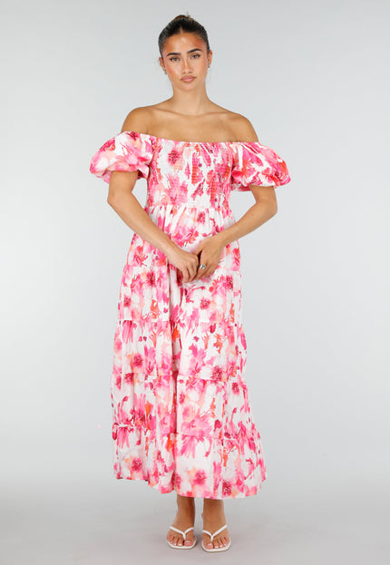 NEW100626 Roze Bloemen Maxi Jurk met Pofmouwen