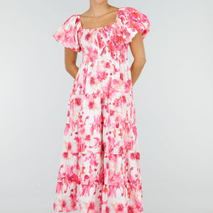 NEW100626 Roze Bloemen Maxi Jurk met Pofmouwen