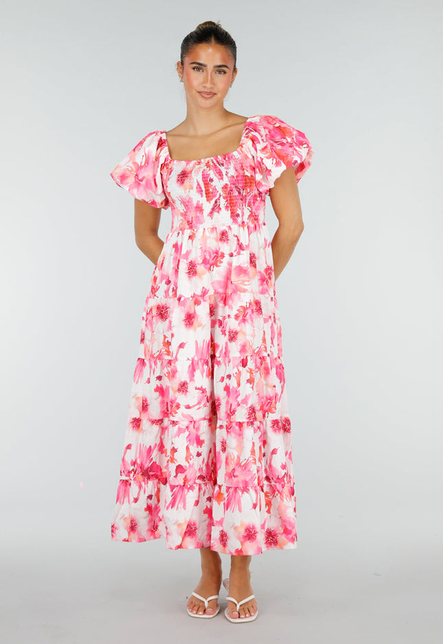 NEW100626 Roze Bloemen Maxi Jurk met Pofmouwen