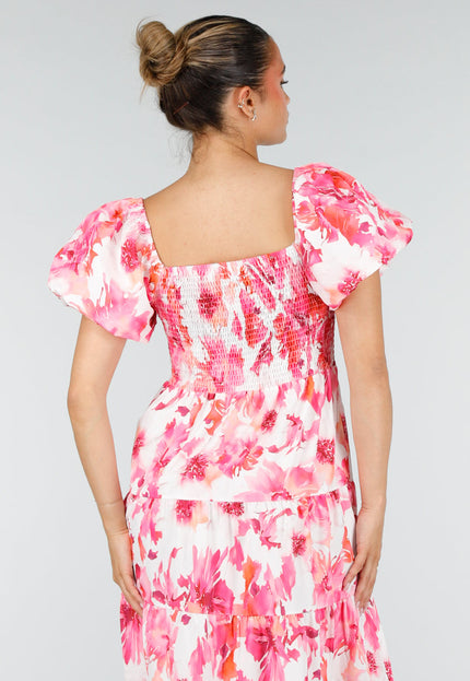 NEW100626 Roze Bloemen Maxi Jurk met Pofmouwen