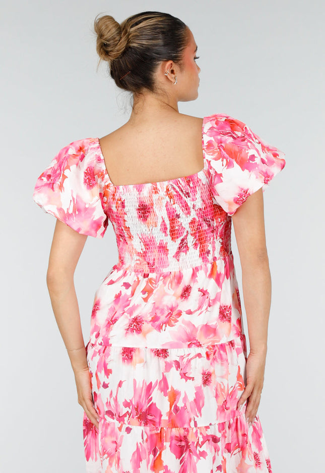 NEW100626 Roze Bloemen Maxi Jurk met Pofmouwen